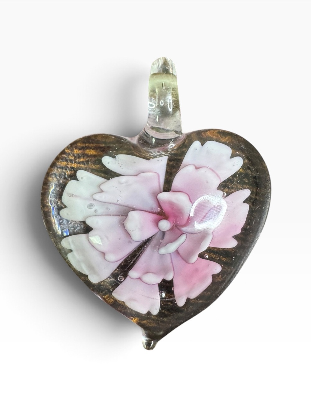 Pink Glass Heart Pendant with Floral Design